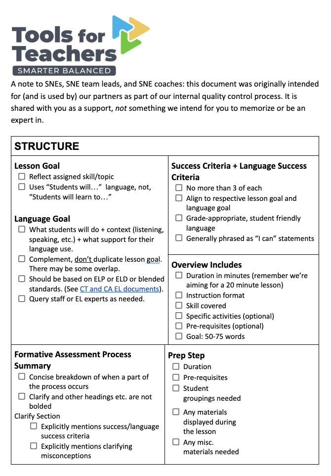 Screenshot of formatting checklist